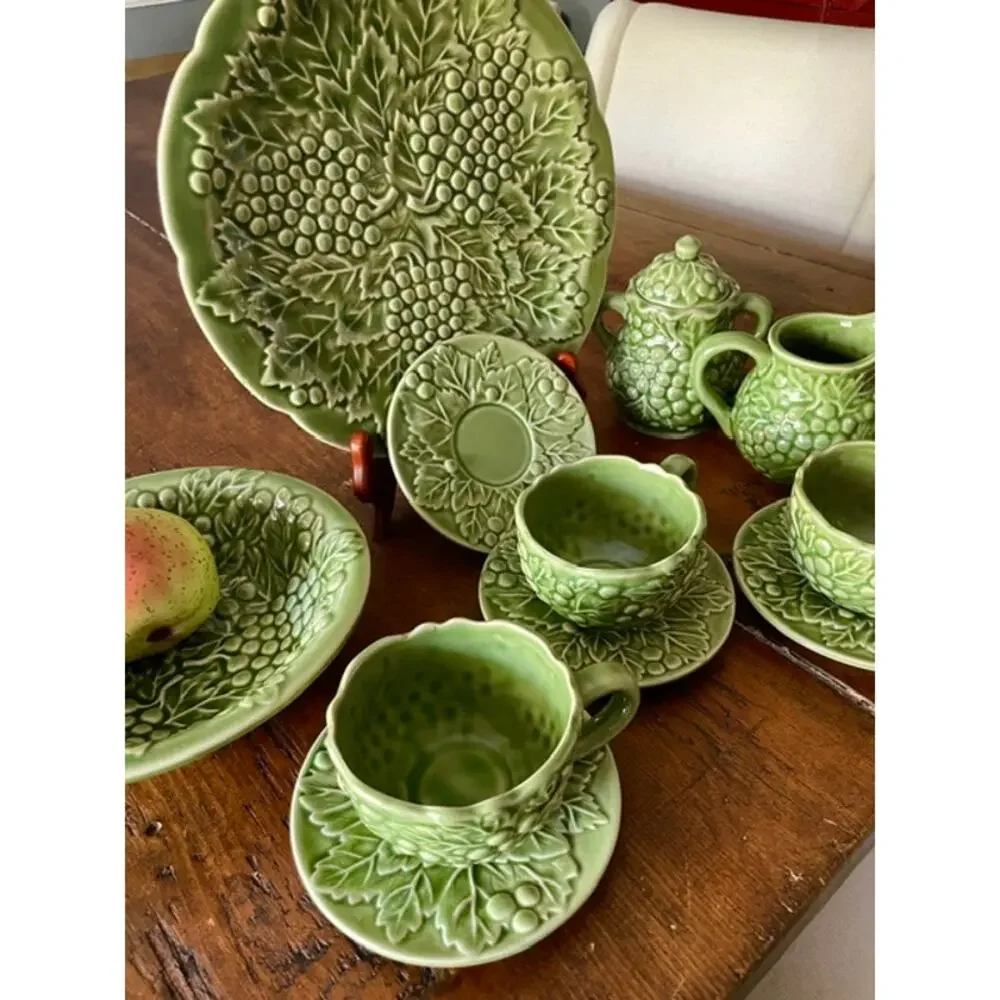 Vintage Style 11 piece Green Grape Vine Majolica Style Tea Set French Country